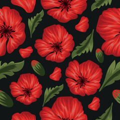seamless pattern of open field bud, red poppy flower, unopened bud and green leaf for use for typography, textile or design, vector