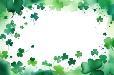 Watercolor background with scattered shamrocks, free space for text, St. Patrick's Day