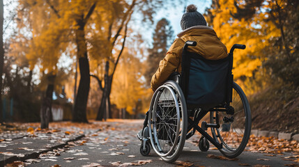 disabled person on a wheelchair in the autumnal park