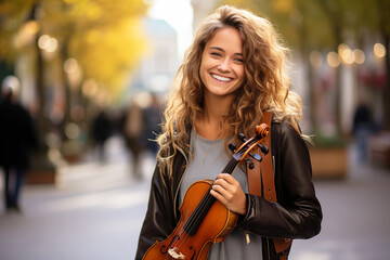 Smiling woman playing violin