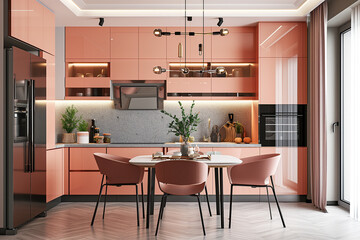 Luxury modern kitchen interior with peach fuzz color space design. - obrazy, fototapety, plakaty