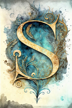 A fancy gold letter with blue watercolor style illustration. 
