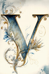A fancy gold letter with blue watercolor style illustration. 