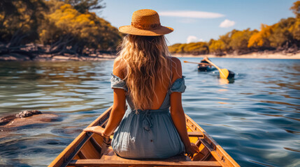 Young woman in a hat and a blue dress is sitting in a boat on the lake and looking at the sea - obrazy, fototapety, plakaty