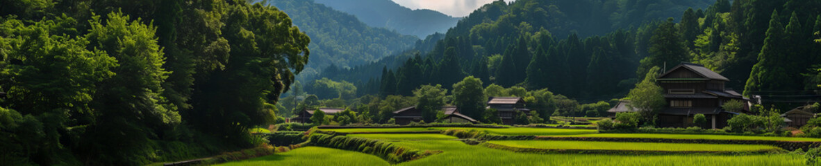 Fototapeta na wymiar Japanese countryside landscape with green fields and mountains