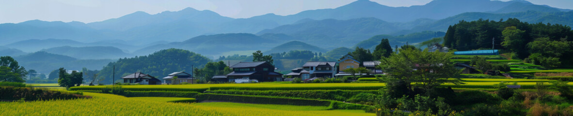 Fototapeta na wymiar Japanese countryside landscape with green fields and mountains