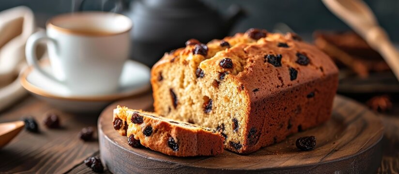 Freshly baked homemade raisin pound cake, perfect for breakfast with tea or coffee.