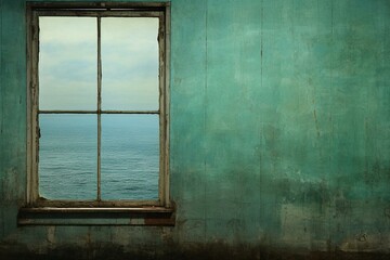Weathered ship window frames tranquil, motionless ocean. Generative AI
