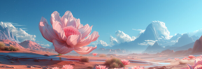 3d surreal landscape with big flower, candy style - obrazy, fototapety, plakaty