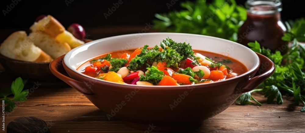 Sticker vegetarian minestrone soup with basil sauce and herbs in a white bowl on a rustic wooden table.