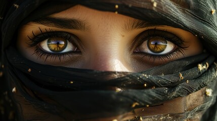 Extreme close-up of an Arabian woman's eyes veiled in black - obrazy, fototapety, plakaty