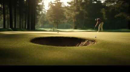 Golfer putting golf ball on the green golf, golf player putting golf ball into hole. - obrazy, fototapety, plakaty