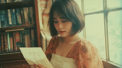 Vintage photograph of a beautiful Chinese woman reading a love letter