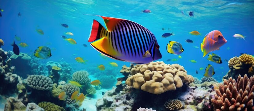 Tropical fish - red sea sailfin tang and colorful wrasse on coral reef. Blue ocean, marine life. Snorkeling with aquatic wildlife, underwater photography.