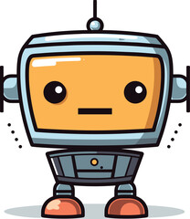 Cute robot character standing, cartoon style robot with large eyes. Friendly artificial intelligence concept, child's toy robot vector illustration.