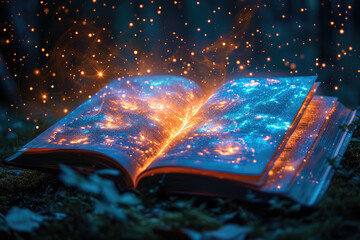 Glowing magical spell book - obrazy, fototapety, plakaty