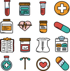 Set of colorful medical icons including test tubes, medication jars, pulse, first aid. Healthcare, medical treatment, and pharmacy vector illustration.