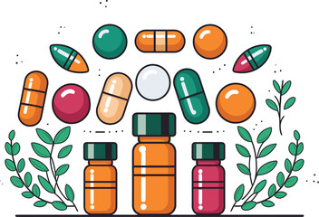 Assorted colorful medication pills and capsules near bottles. Green leaves included, indicating natural supplements or herbal medicine. Health care, pharmacy, and supplements vector illustration.