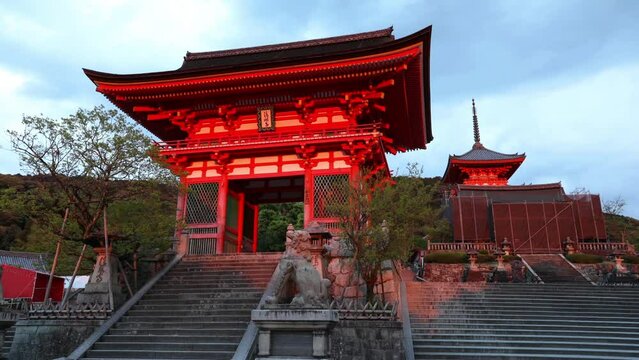 no people time lapse sunset at Kiyomizu-dera Temple Gate with changing light to night. Kiyomizu most celebrated temples of Japan of Buddhist Hosso sect. Unesco Heritage in Kyoto, Japan.