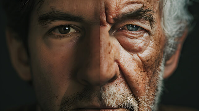 Close up of a half young half old face of a man