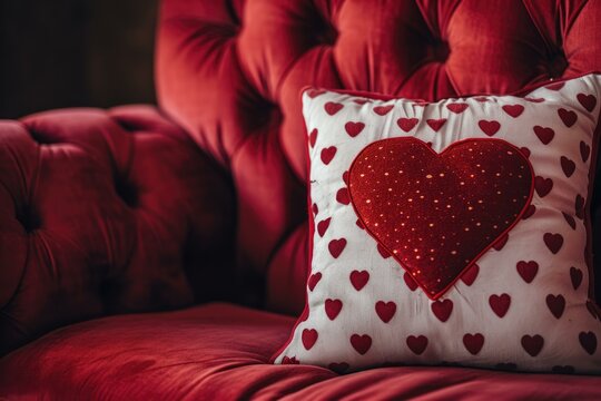 Romantic Red Heart Pillow on Luxurious Sofa, Valentine's Day Concept