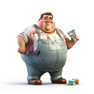 Big fat man painter character 3d. paints, brushes