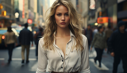 Obraz premium Beautiful woman walking in the city at night generated by AI