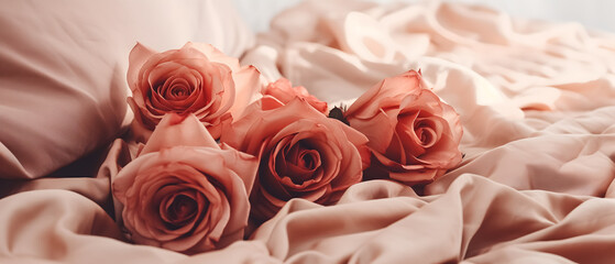 In a cozy ambiance, a bed adorned with beautiful pink flowers creates a delightful scene.