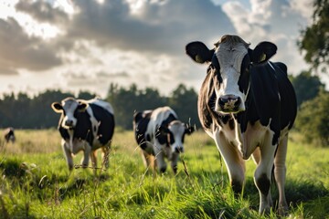 Curious cows in green Dutch pasture. - obrazy, fototapety, plakaty