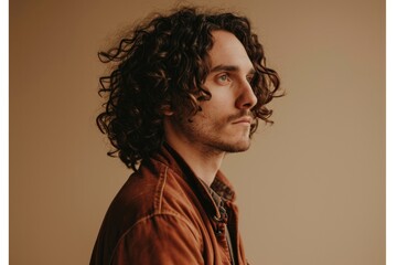 Obraz premium Stylish man with curly hair poses confidently.