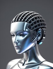 Robot girl, metal body, artificial person, neutral background, Generative AI.