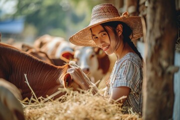Asian dairy farmer woman working alone outdoors feeding cows with happiness. - obrazy, fototapety, plakaty
