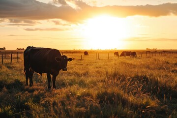Beautiful sunset in Argentine field with grazing cows. - obrazy, fototapety, plakaty