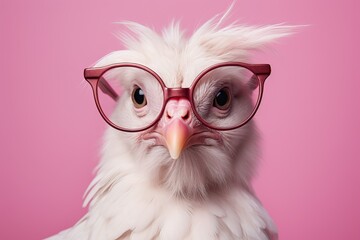 chicken portrait with pink glasses. banner with a soft pink background Peach Fuzz
