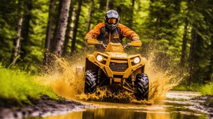 ATV in action splashing water motion blur at trail forest ,