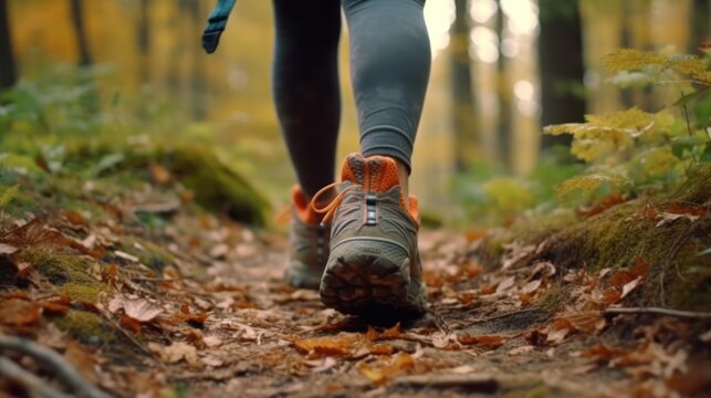 Close up woman’s legs and feet in sport shoes walking on dirt road in forest, hiking trip. Banner, solo outdoor activities