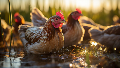Naklejka premium Chickens roam freely in the green meadow generated by AI