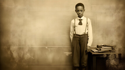 Obraz premium Vintage image of an african american boy Standing in Front of Desk