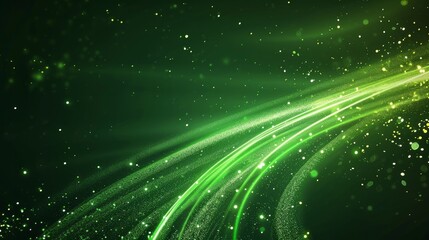 Green glowing shiny lines effect vector background. Luminous white lines of speed. Light glowing effect. Light trail wave, fire path trace line and incandescence curve twirl - obrazy, fototapety, plakaty