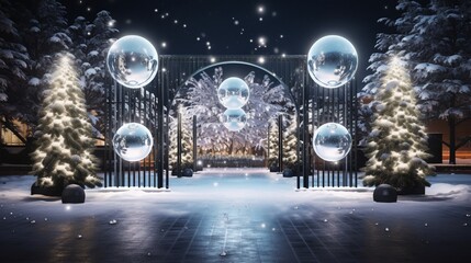 A modern gate with holographic Christmas ornaments floating in the air