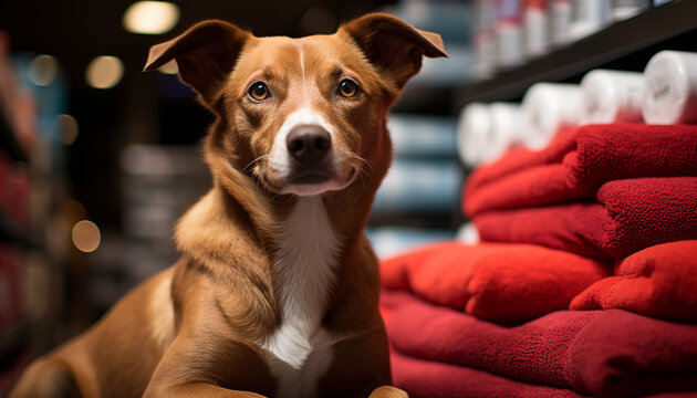 Cute puppy sitting indoors, looking at camera generated by AI