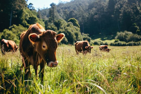 Brown cows grazing in meadow near forest in Temuco countryside