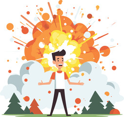 Cartoon man shocked by explosion in the background. Happy male with surprised expression, outdoors with trees. Unexpected event and reaction concept vector illustration.