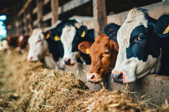 Cows eating hay at dairy farm.
