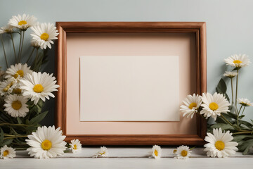 A romantic minimal concept photo created with daisies and wooden frame