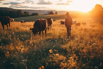 Mature farmers feeding cows in field at sunset.