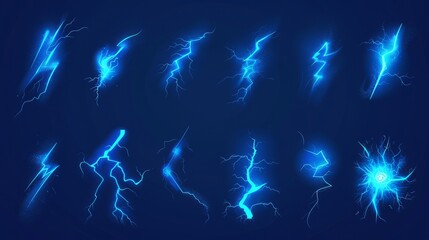 Cartoon lightning animation. Animated frames of electric strike, magic electricity hit and thunderbolt effect vector illustration set. Game asset collection of blue glowing storm bolts - obrazy, fototapety, plakaty