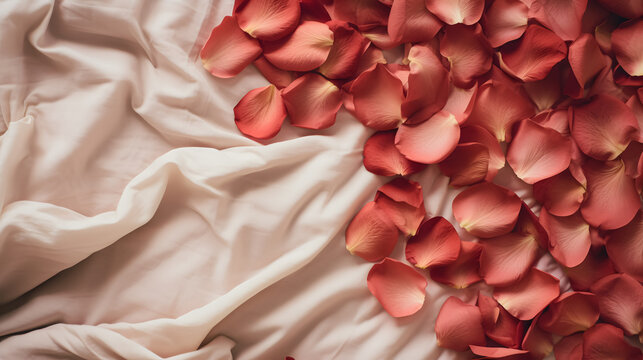 The bed adorned with rose petals, conveying the passionate essence of Valentine's Day.