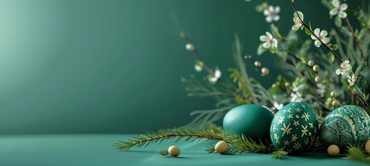 Easter composition with decorated eggs in shades of green with gold patterns in a wicker basket on a teal backdrop. Banner with copy space. Suitable for spring themes and holiday promotions.