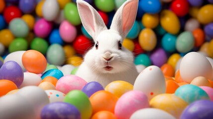 White rabbit with a surprised expression among speckled Easter eggs. Ideal for holiday-themed promotions and spring event decorations. Easter bunny